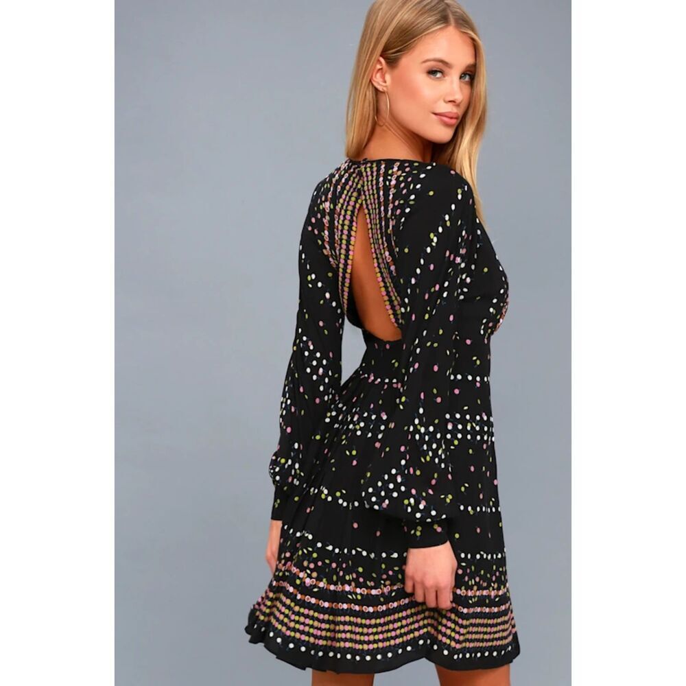 FREE PEOPLE Coryn Black Pink Polka Dot Boho Festival Long Sleeve Mini Dress 10